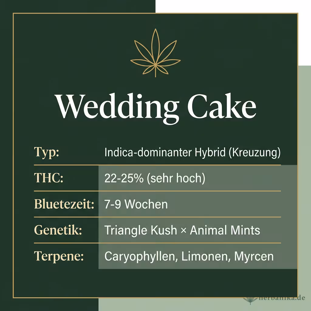 Infografik mit Wedding-Cake Key Facts: Typ Indica-dominant, THC 22-25%, Bluetezeit 7-9 Wochen, Genetik Triangle Kush x Animal Mints und Terpene Caryophyllen, Limonen, Myrcen