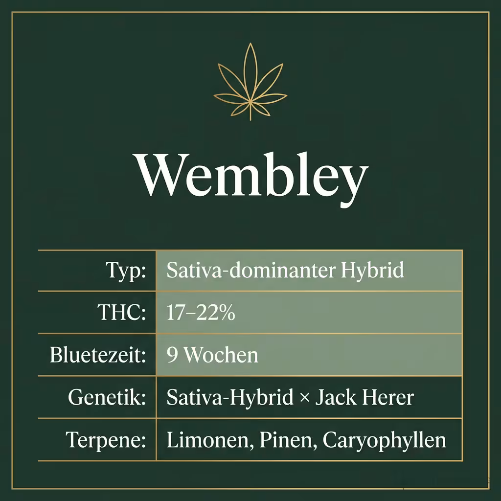 Infografik mit Wembley Key Facts: Typ Sativa-dominanter Hybrid, THC 17-22%, Bluetezeit 9 Wochen, Genetik Sativa-Hybrid × Jack Herer und Terpene Limonen, Pinen, Caryophyllen