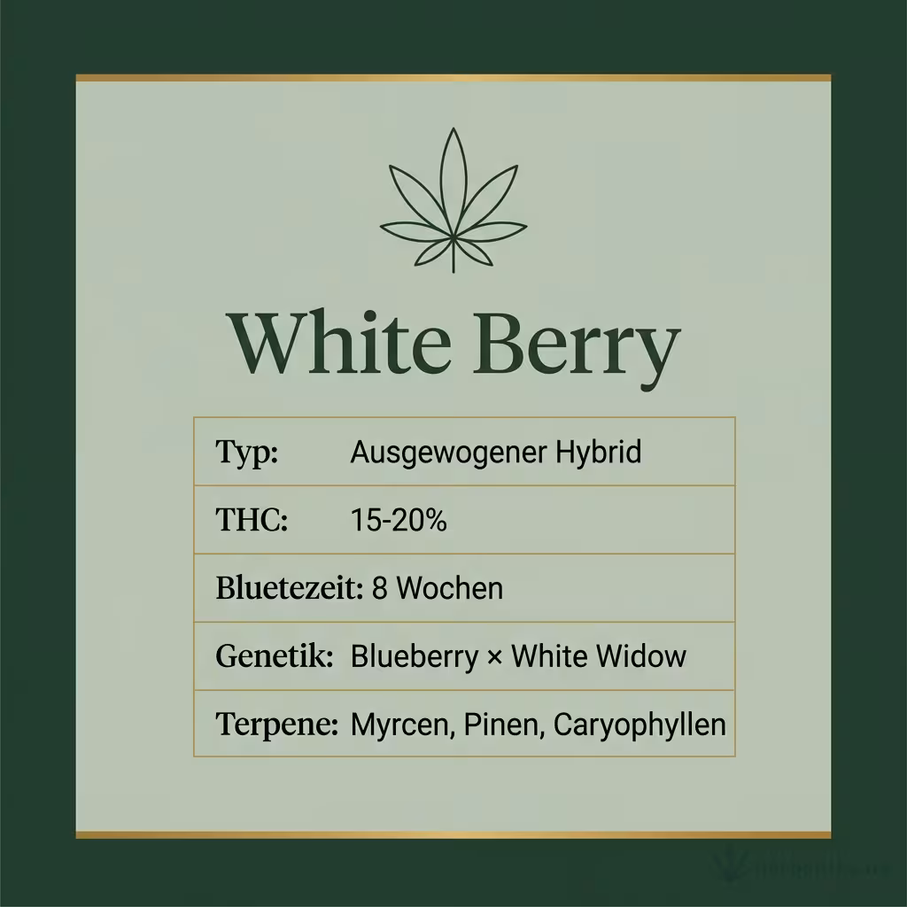 Infografik mit White Berry Key Facts: Typ Ausgewogener Hybrid, THC 15-20%, Bluetezeit 8 Wochen, Genetik Blueberry × White Widow und Terpene Myrcen, Pinen, Caryophyllen