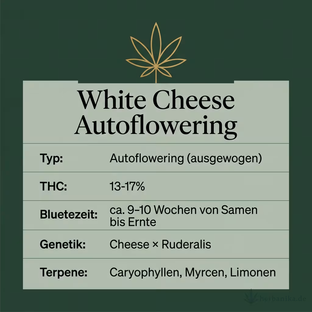 Infografik mit White Cheese Autoflowering Key Facts: Typ Autoflowering (ausgewogen), THC 13-17%, Bluetezeit ca. 9-10 Wochen von Samen bis Ernte, Genetik Cheese × Ruderalis und Terpene Caryophyllen, Myrcen, Limonen