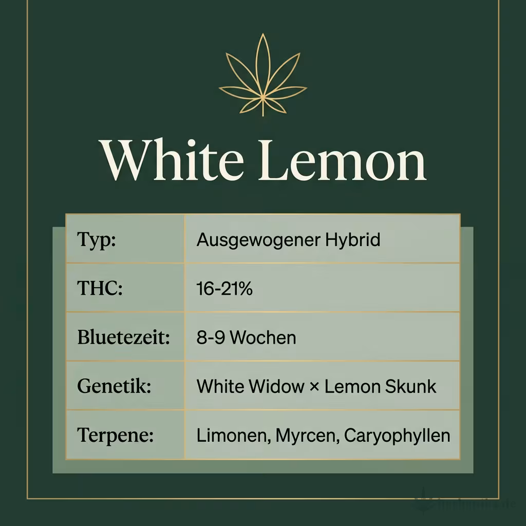 Infografik mit White Lemon Key Facts: Typ Ausgewogener Hybrid, THC 16-21%, Bluetezeit 8-9 Wochen, Genetik White Widow × Lemon Skunk und Terpene Limonen, Myrcen, Caryophyllen