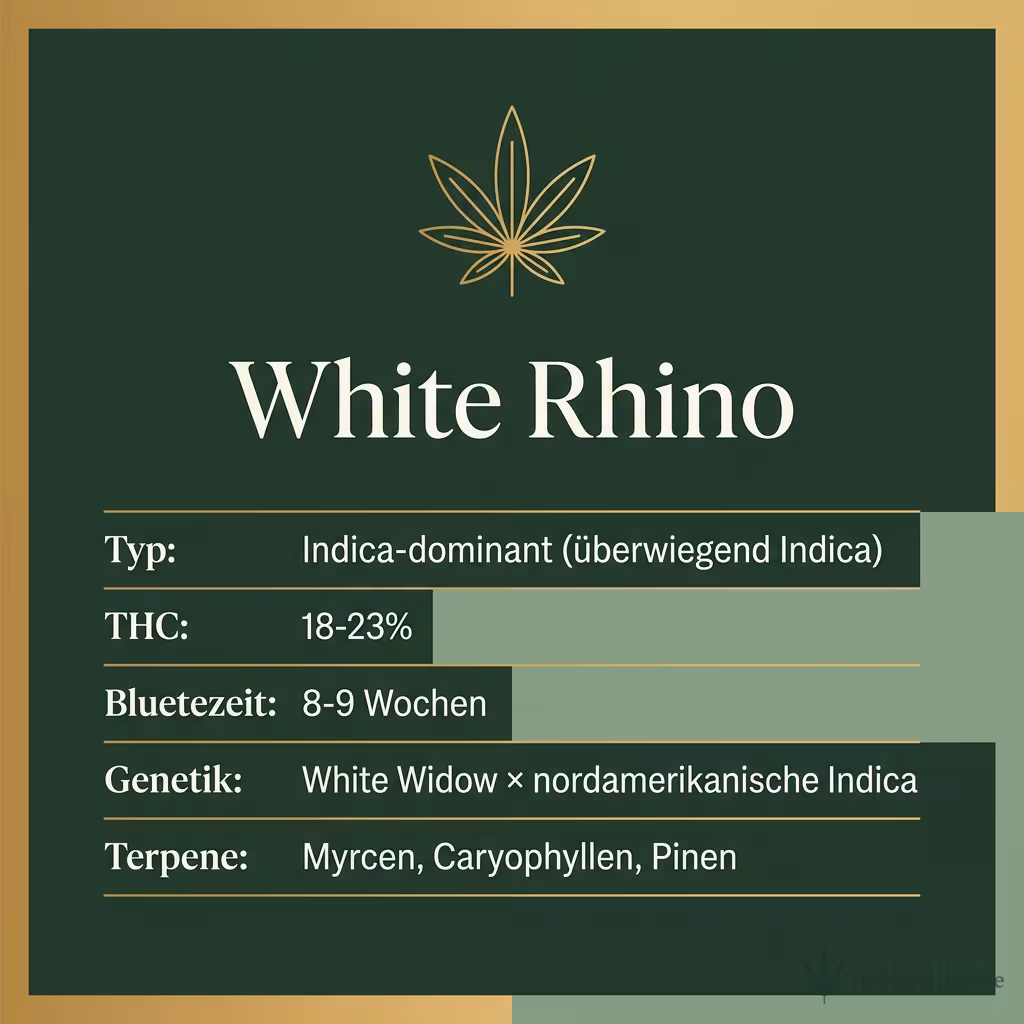 Infografik mit White-Rhino Key Facts: Typ Indica-dominant, THC 18-23%, Bluetezeit 8-9 Wochen, Genetik White Widow x nordamerikanische Indica und Terpene Myrcen, Caryophyllen, Pinen