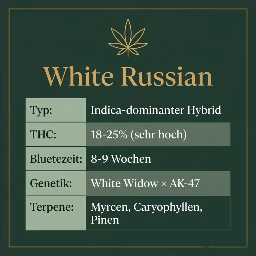 Infografik mit White-Russian Key Facts: Typ Indica-dominanter Hybrid, THC 18-25%, Bluetezeit 8-9 Wochen, Genetik White Widow x AK-47 und Terpene Myrcen, Caryophyllen, Pinen