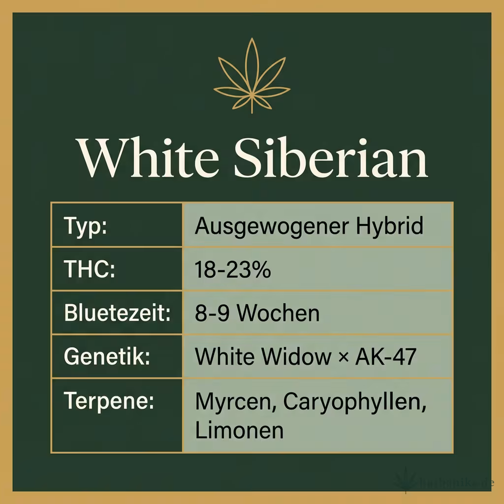 Infografik mit White Siberian Key Facts: Typ Ausgewogener Hybrid, THC 18-23%, Bluetezeit 8-9 Wochen, Genetik White Widow × AK-47 und Terpene Myrcen, Caryophyllen, Limonen