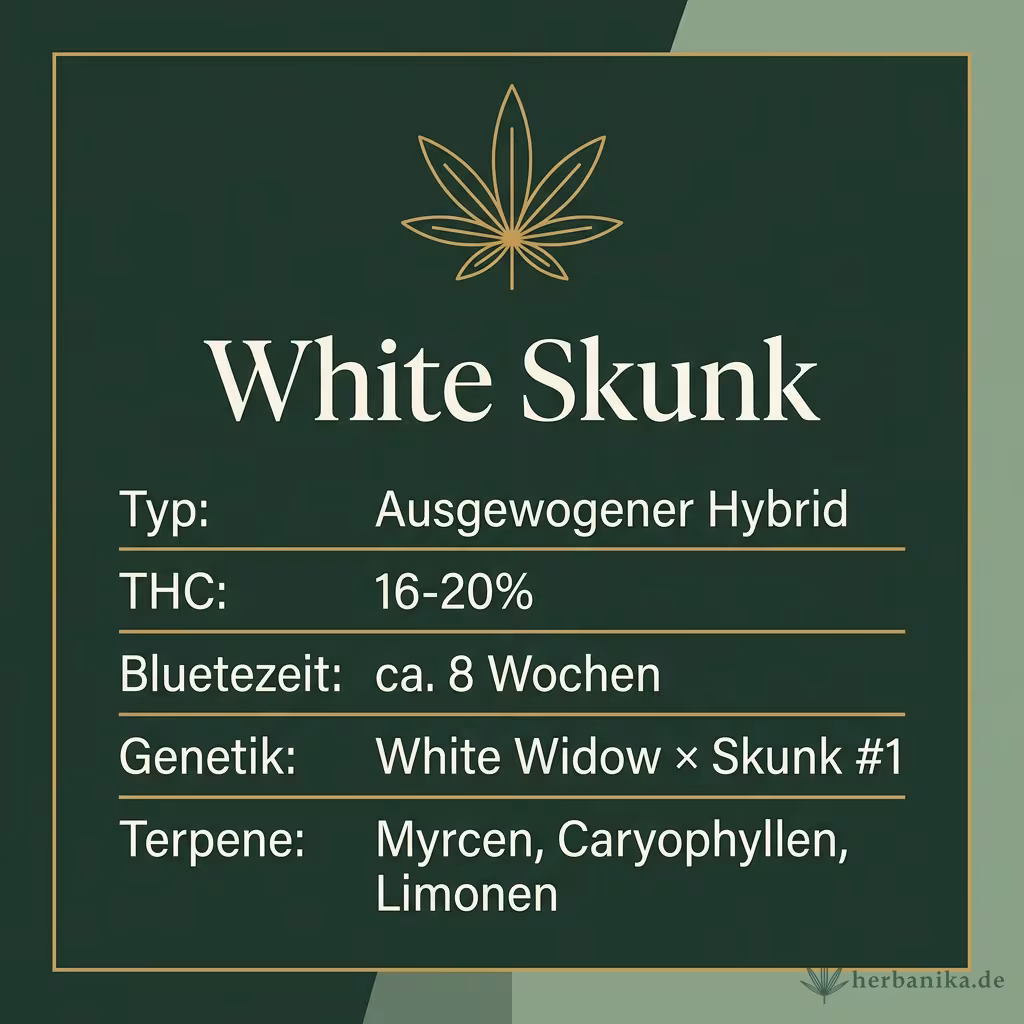 Infografik mit White Skunk Key Facts: Typ Ausgewogener Hybrid, THC 16-20%, Bluetezeit ca. 8 Wochen, Genetik White Widow × Skunk #1 und Terpene Myrcen, Caryophyllen, Limonen