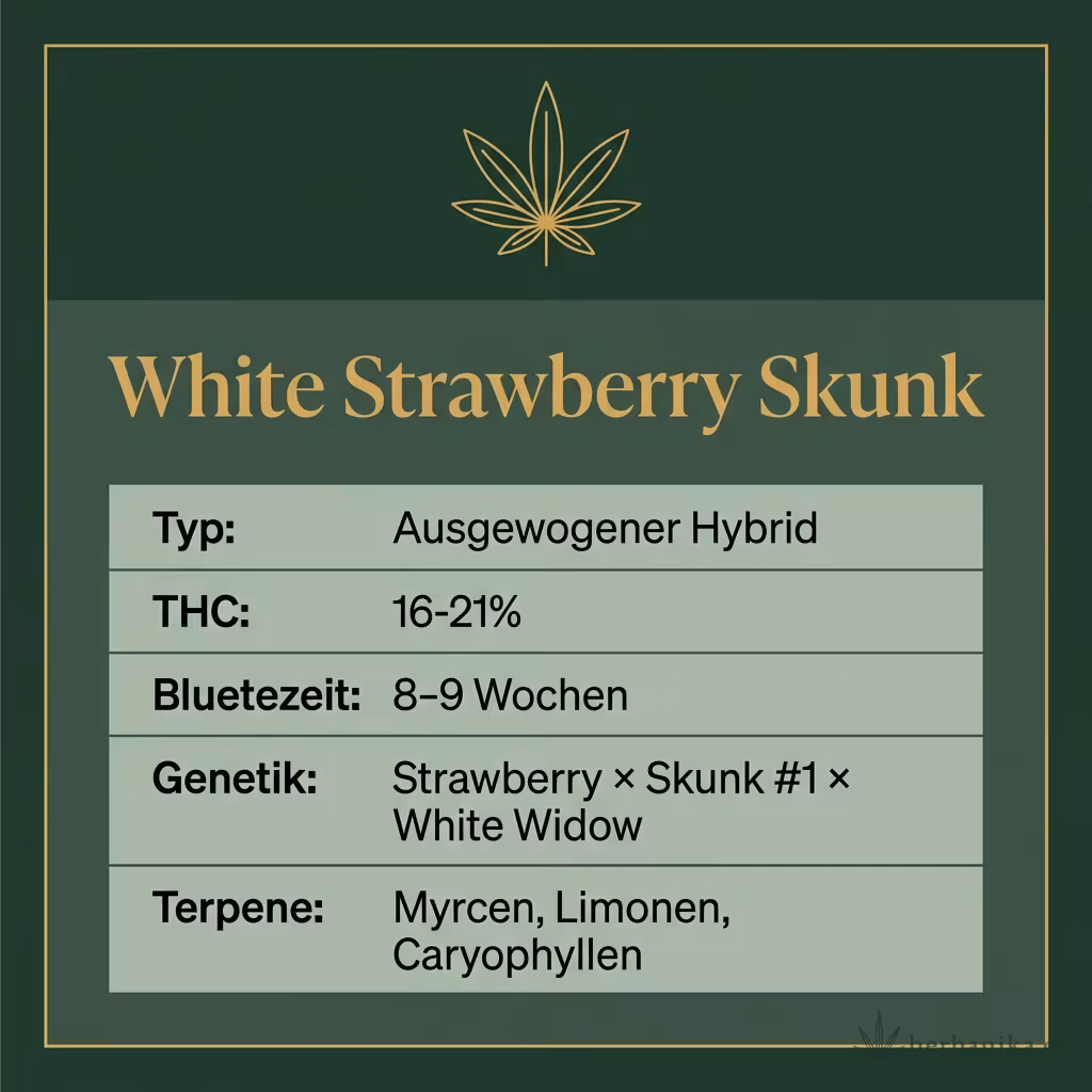 Infografik mit White Strawberry Skunk Key Facts: Typ Ausgewogener Hybrid, THC 16-21%, Bluetezeit 8-9 Wochen, Genetik Strawberry × Skunk #1 × White Widow und Terpene Myrcen, Limonen, Caryophyllen
