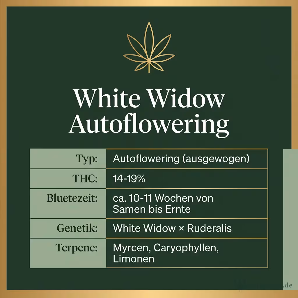 Infografik mit White Widow Autoflowering Key Facts: Typ Autoflowering (ausgewogen), THC 14-19%, Bluetezeit ca. 10-11 Wochen von Samen bis Ernte, Genetik White Widow × Ruderalis und Terpene Myrcen, Caryophyllen, Limonen