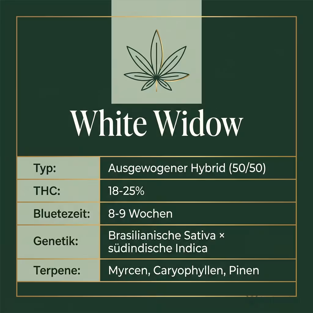 Infografik mit White-Widow Key Facts: Typ ausgewogener Hybrid, THC 18-25%, Bluetezeit 8-9 Wochen, Genetik brasilianische Sativa x südindische Indica und Terpene Myrcen, Caryophyllen, Pinen