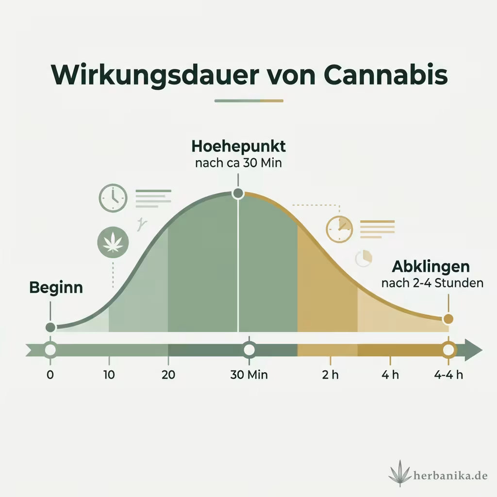 Infografik Wirkungsdauer von Cannabis mit Beginn, Höhepunkt nach etwa 30 Minuten und Abklingen nach 2 bis 4 Stunden