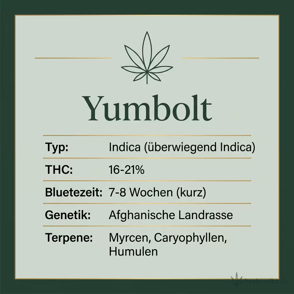 Infografik mit Yumbolt Key Facts: Typ Indica (überwiegend Indica), THC 16-21%, Bluetezeit 7-8 Wochen (kurz), Genetik Afghanische Landrasse und Terpene Myrcen, Caryophyllen, Humulen