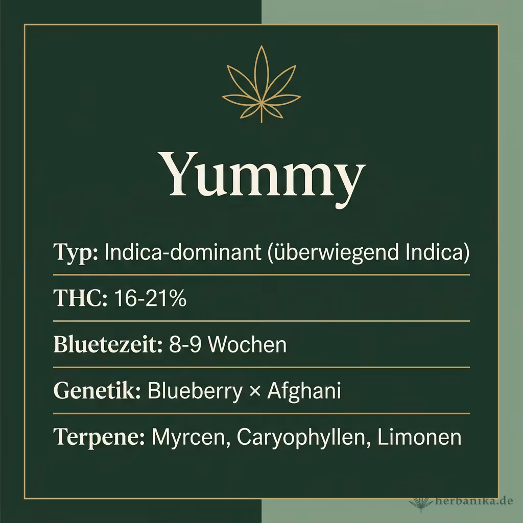 Infografik mit Yummy Key Facts: Typ Indica-dominant (überwiegend Indica), THC 16-21%, Bluetezeit 8-9 Wochen, Genetik Blueberry × Afghani und Terpene Myrcen, Caryophyllen, Limonen