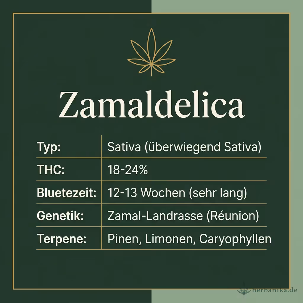 Infografik mit Zamaldelica Key Facts: Typ Sativa (überwiegend Sativa), THC 18-24%, Bluetezeit 12-13 Wochen (sehr lang), Genetik Zamal-Landrasse (Réunion) und Terpene Pinen, Limonen, Caryophyllen
