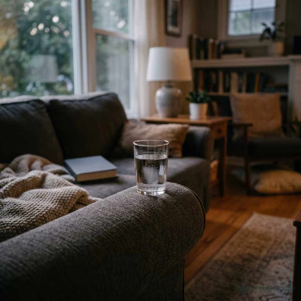 Glas Wasser auf einer Couch-Lehne in einem ruhigen, gedämpften Wohnzimmer