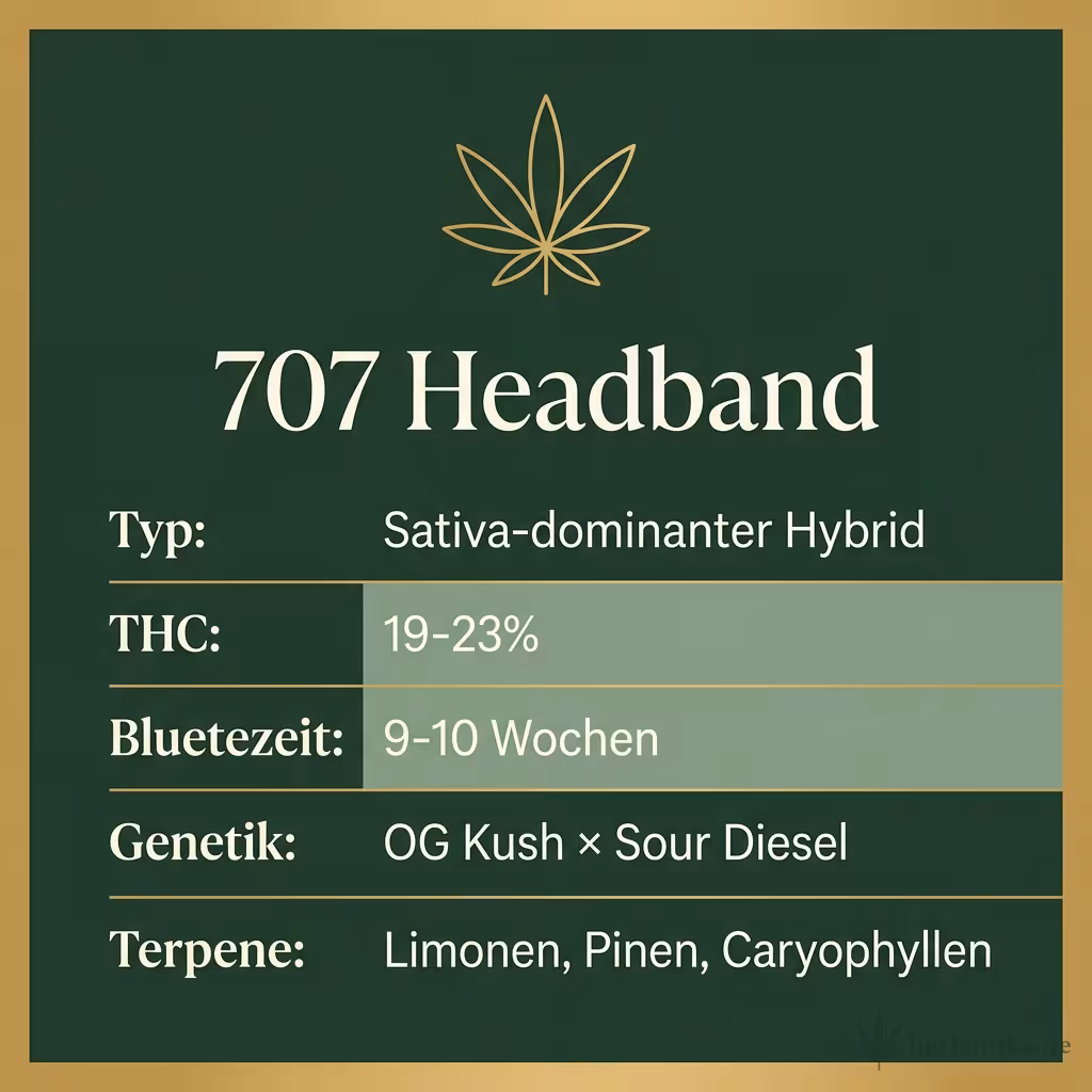 Infografik mit 707 Headband Key Facts: Typ Sativa-dominanter Hybrid, THC 19-23%, Bluetezeit 9-10 Wochen, Genetik OG Kush × Sour Diesel und Terpene Limonen, Pinen, Caryophyllen