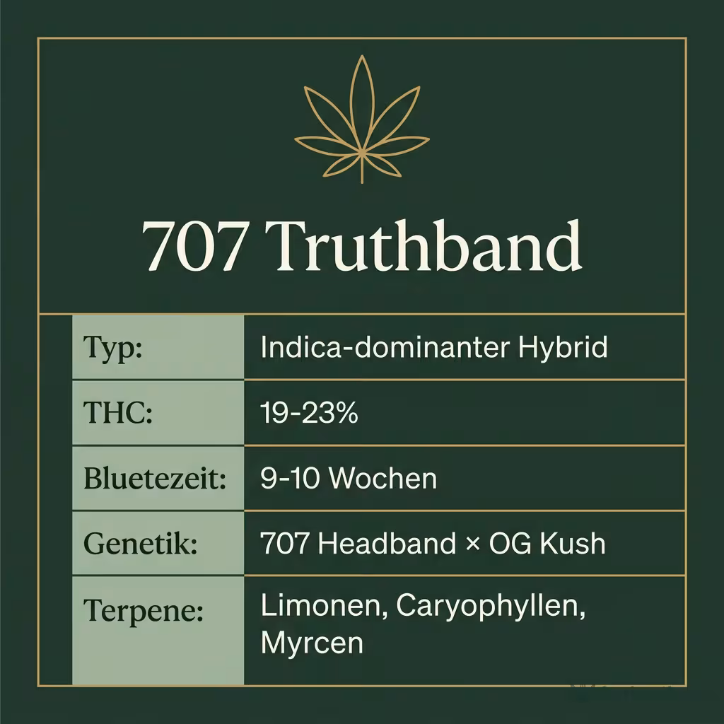 Infografik mit 707 Truthband Key Facts: Typ Indica-dominanter Hybrid, THC 19-23%, Bluetezeit 9-10 Wochen, Genetik 707 Headband × OG Kush und Terpene Limonen, Caryophyllen, Myrcen