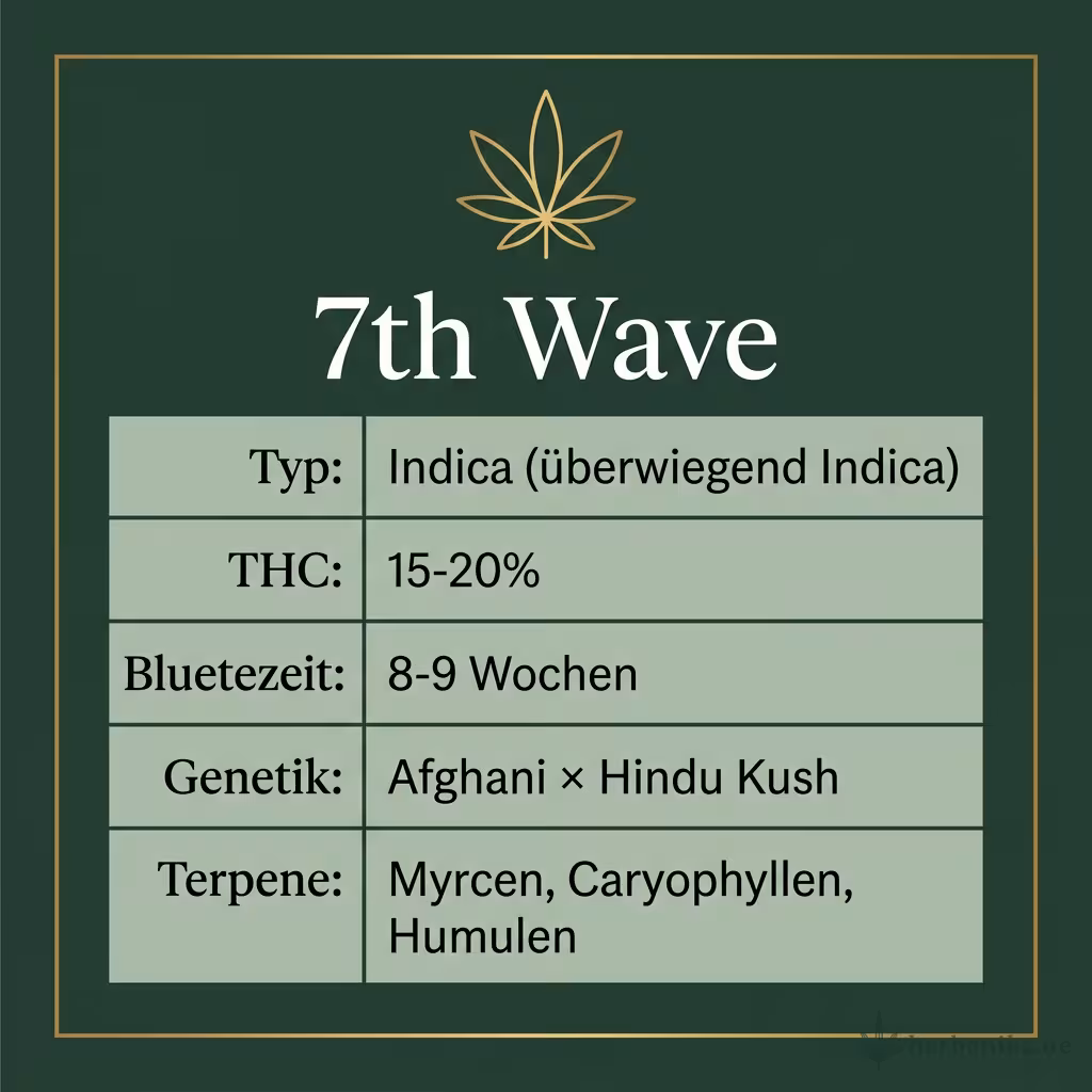 Infografik mit 7th Wave Key Facts: Typ Indica (überwiegend Indica), THC 15-20%, Bluetezeit 8-9 Wochen, Genetik Afghani × Hindu Kush und Terpene Myrcen, Caryophyllen, Humulen