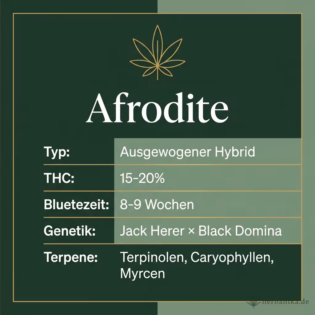 Infografik mit Afrodite Key Facts: Typ Ausgewogener Hybrid, THC 15-20%, Bluetezeit 8-9 Wochen, Genetik Jack Herer × Black Domina und Terpene Terpinolen, Caryophyllen, Myrcen