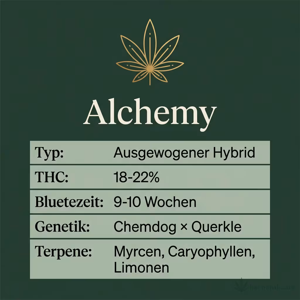 Infografik mit Alchemy Key Facts: Typ Ausgewogener Hybrid, THC 18-22%, Bluetezeit 9-10 Wochen, Genetik Chemdog × Querkle und Terpene Myrcen, Caryophyllen, Limonen