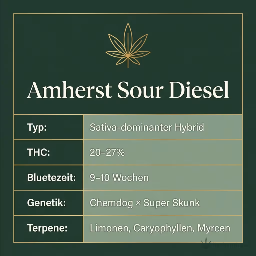 Infografik mit Amherst Sour Diesel Key Facts: Typ Sativa-dominanter Hybrid, THC 20-27%, Bluetezeit 9-10 Wochen, Genetik Chemdog × Super Skunk und Terpene Limonen, Caryophyllen, Myrcen