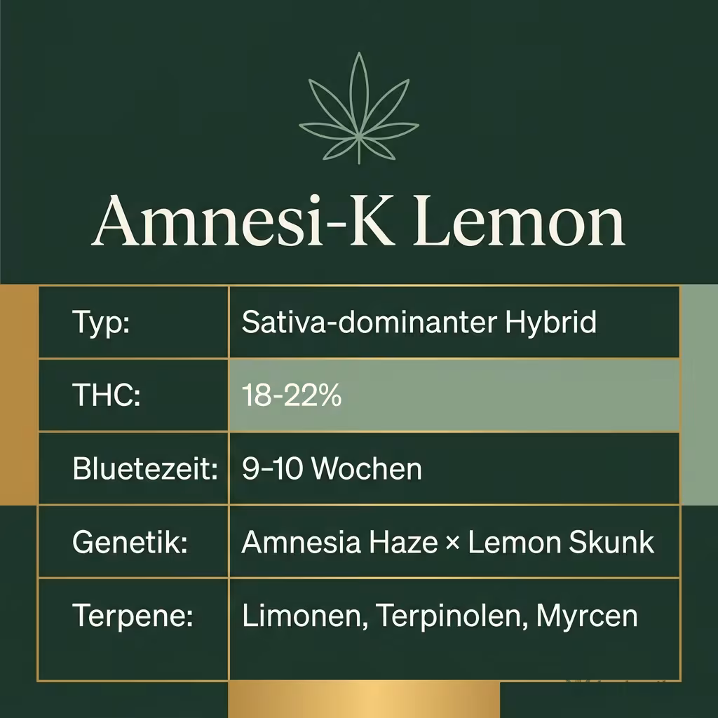 Infografik mit Amnesi-K Lemon Key Facts: Typ Sativa-dominanter Hybrid, THC 18-22%, Bluetezeit 9-10 Wochen, Genetik Amnesia Haze × Lemon Skunk und Terpene Limonen, Terpinolen, Myrcen