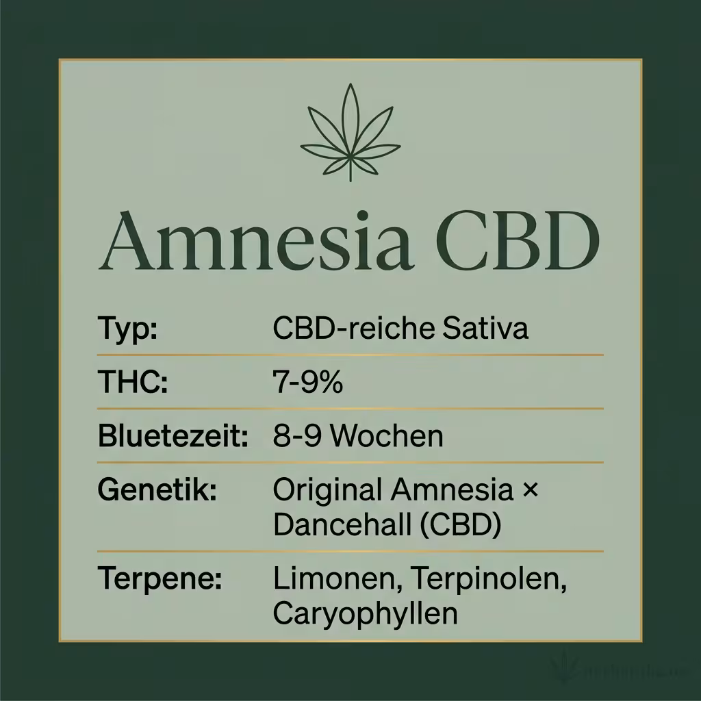 Infografik mit Amnesia CBD Key Facts: Typ CBD-reiche Sativa, THC 7-9%, Bluetezeit 8-9 Wochen, Genetik Original Amnesia × Dancehall (CBD) und Terpene Limonen, Terpinolen, Caryophyllen