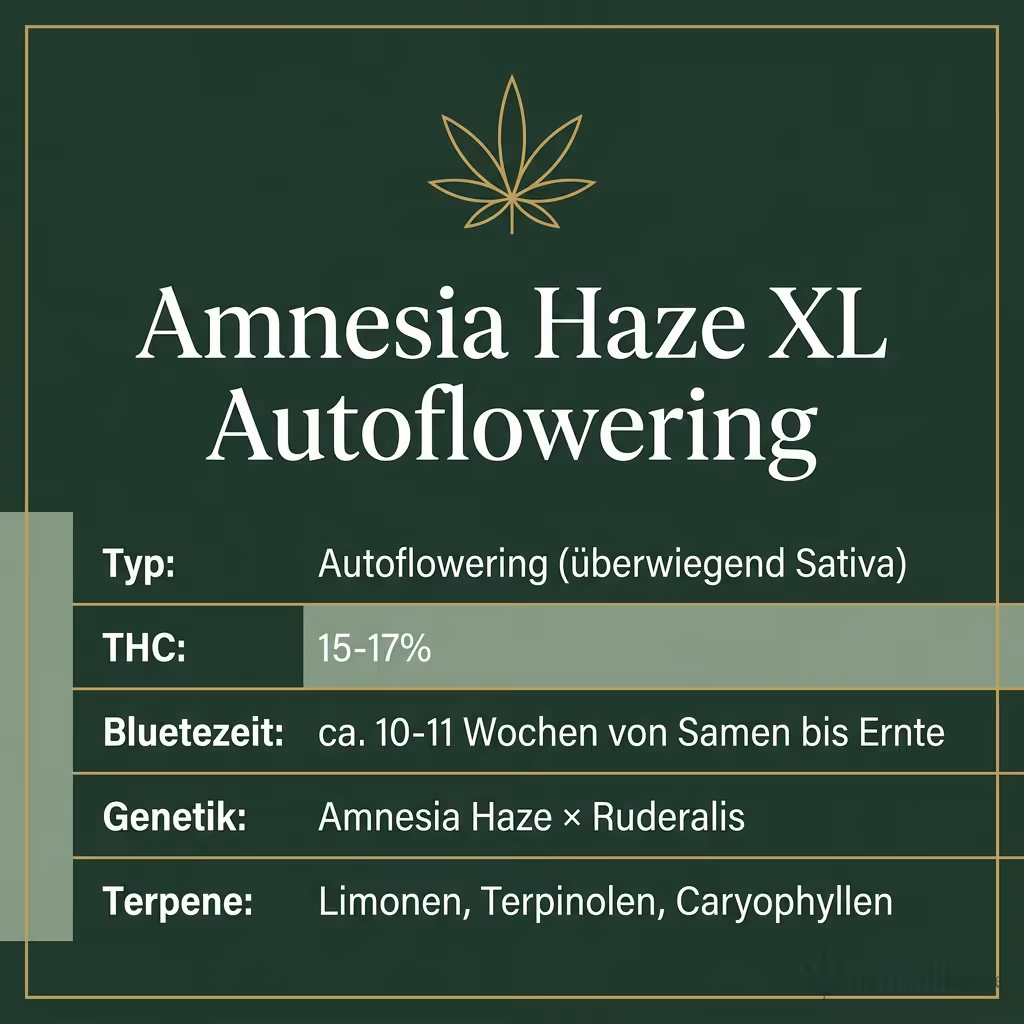 Infografik mit Amnesia Haze XL Autoflowering Key Facts: Typ Autoflowering (überwiegend Sativa), THC 15-17%, Bluetezeit ca. 10-11 Wochen von Samen bis Ernte, Genetik Amnesia Haze × Ruderalis und Terpene Limonen, Terpinolen, Caryophyllen
