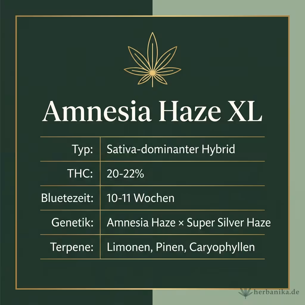 Infografik mit Amnesia Haze XL Key Facts: Typ Sativa-dominanter Hybrid, THC 20-22%, Bluetezeit 10-11 Wochen, Genetik Amnesia Haze × Super Silver Haze und Terpene Limonen, Pinen, Caryophyllen