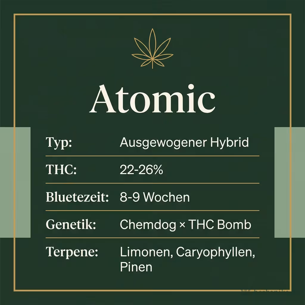 Infografik mit Atomic Key Facts: Typ Ausgewogener Hybrid, THC 22-26%, Bluetezeit 8-9 Wochen, Genetik Chemdog × THC Bomb und Terpene Limonen, Caryophyllen, Pinen