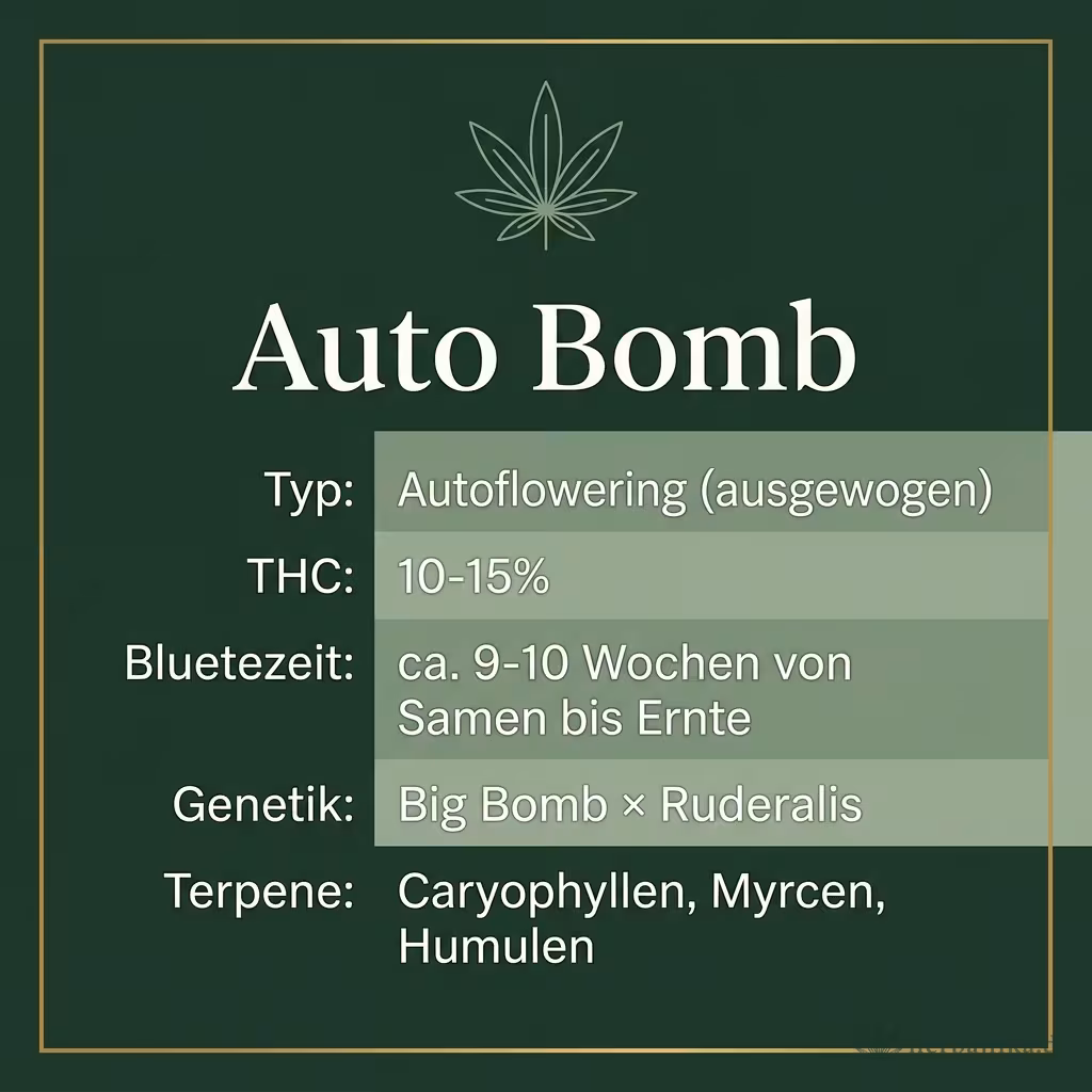 Infografik mit Auto Bomb Key Facts: Typ Autoflowering (ausgewogen), THC 10-15%, Bluetezeit ca. 9-10 Wochen von Samen bis Ernte, Genetik Big Bomb × Ruderalis und Terpene Caryophyllen, Myrcen, Humulen