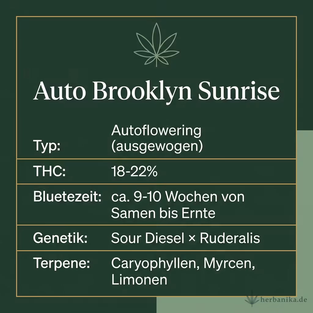 Infografik mit Auto Brooklyn Sunrise Key Facts: Typ Autoflowering (ausgewogen), THC 18-22%, Bluetezeit ca. 9-10 Wochen von Samen bis Ernte, Genetik Sour Diesel × Ruderalis und Terpene Caryophyllen, Myrcen, Limonen