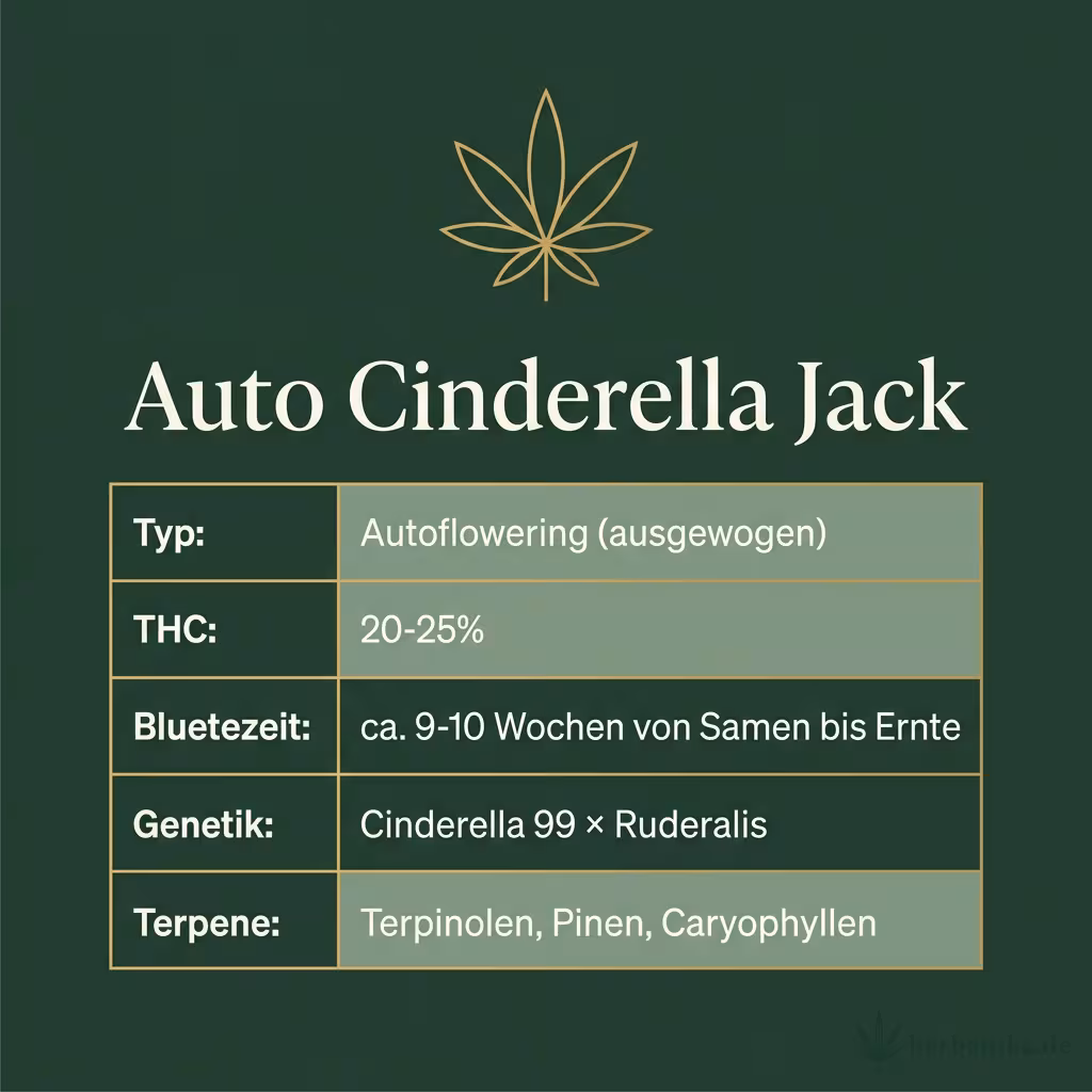 Infografik mit Auto Cinderella Jack Key Facts: Typ Autoflowering (ausgewogen), THC 20-25%, Bluetezeit ca. 9-10 Wochen von Samen bis Ernte, Genetik Cinderella 99 × Ruderalis und Terpene Terpinolen, Pinen, Caryophyllen