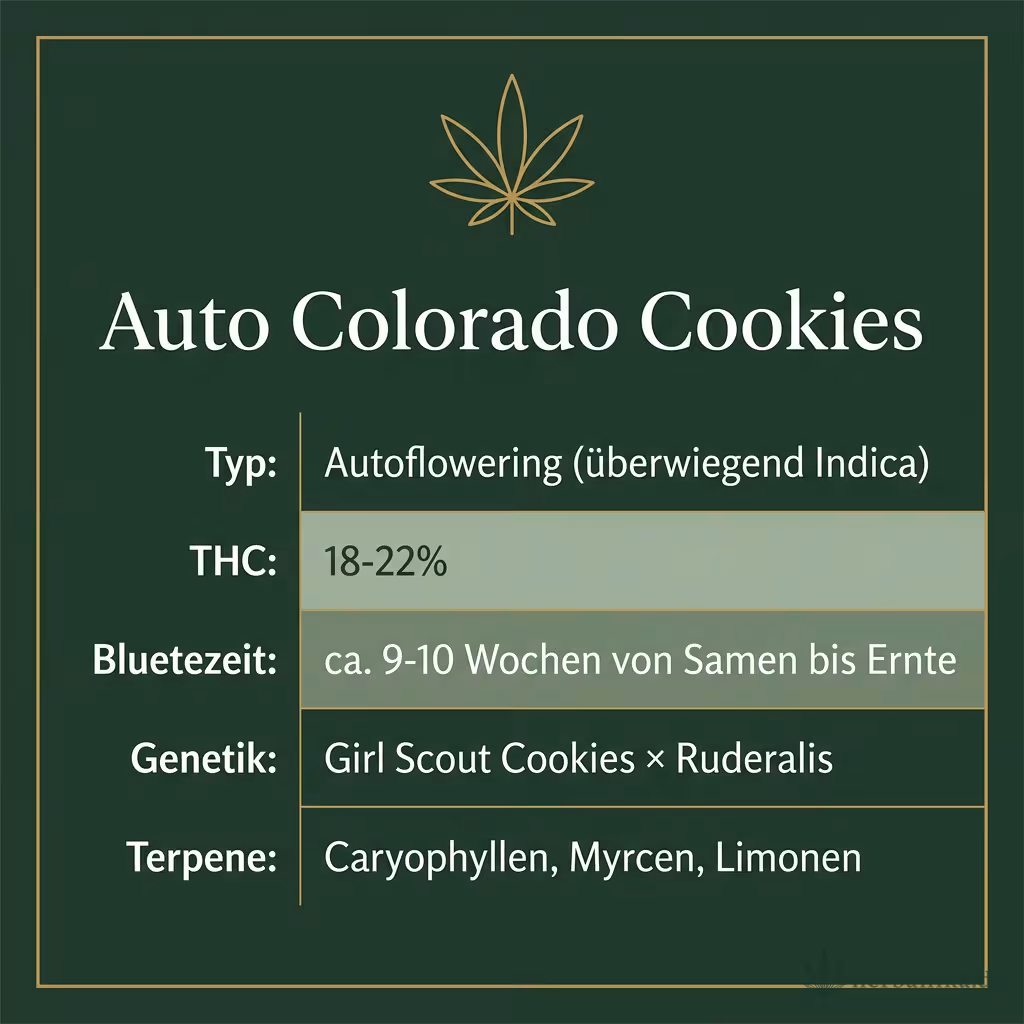 Infografik mit Auto Colorado Cookies Key Facts: Typ Autoflowering (überwiegend Indica), THC 18-22%, Bluetezeit ca. 9-10 Wochen von Samen bis Ernte, Genetik Girl Scout Cookies × Ruderalis und Terpene Caryophyllen, Myrcen, Limonen