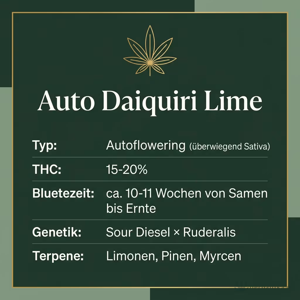 Infografik mit Auto Daiquiri Lime Key Facts: Typ Autoflowering (überwiegend Sativa), THC 15-20%, Bluetezeit ca. 10-11 Wochen von Samen bis Ernte, Genetik Sour Diesel × Ruderalis und Terpene Limonen, Pinen, Myrcen