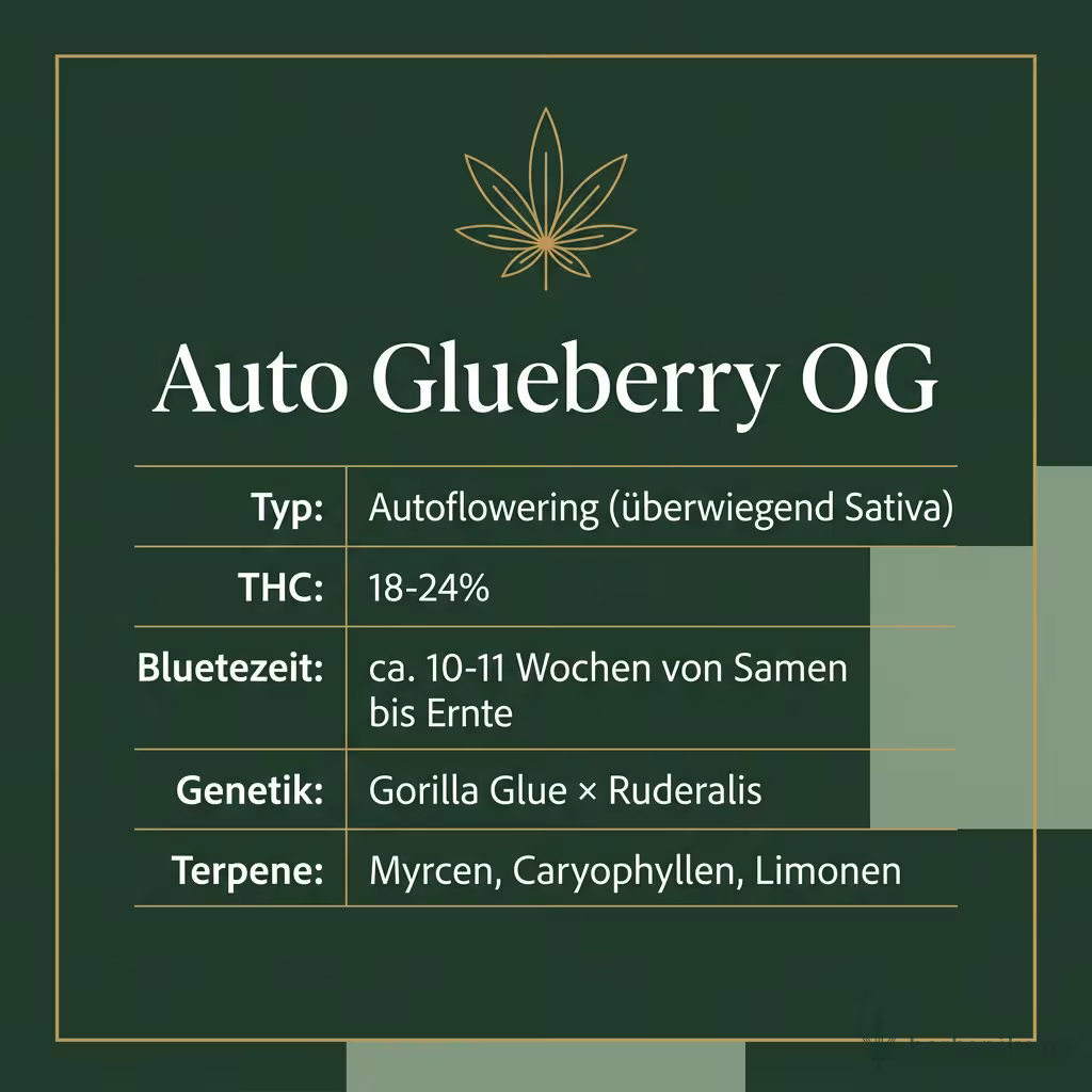 Infografik mit Auto Glueberry OG Key Facts: Typ Autoflowering (überwiegend Sativa), THC 18-24%, Bluetezeit ca. 10-11 Wochen von Samen bis Ernte, Genetik Gorilla Glue × Ruderalis und Terpene Myrcen, Caryophyllen, Limonen
