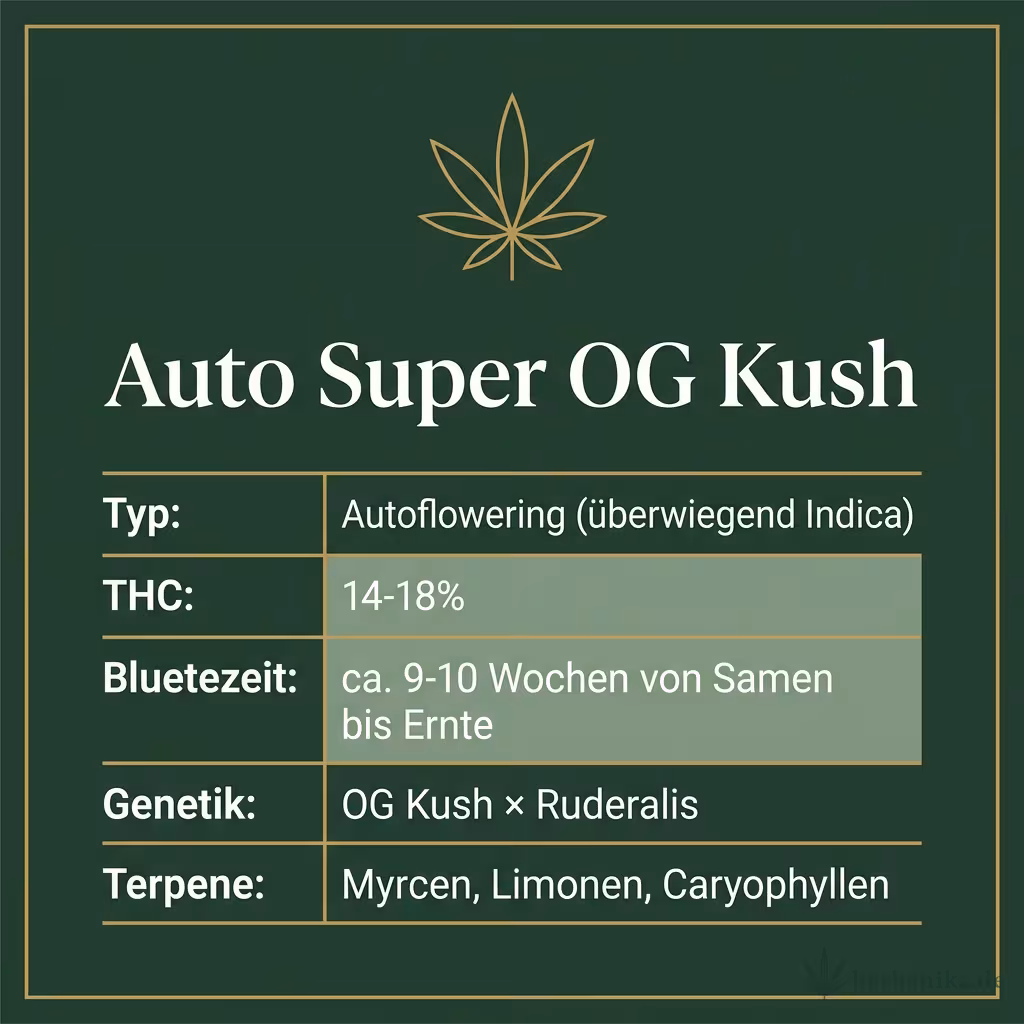 Infografik mit Auto Super OG Kush Key Facts: Typ Autoflowering (überwiegend Indica), THC 14-18%, Bluetezeit ca. 9-10 Wochen von Samen bis Ernte, Genetik OG Kush × Ruderalis und Terpene Myrcen, Limonen, Caryophyllen