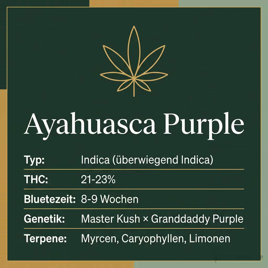 Infografik mit Ayahuasca Purple Key Facts: Typ Indica (überwiegend Indica), THC 21-23%, Bluetezeit 8-9 Wochen, Genetik Master Kush × Granddaddy Purple und Terpene Myrcen, Caryophyllen, Limonen