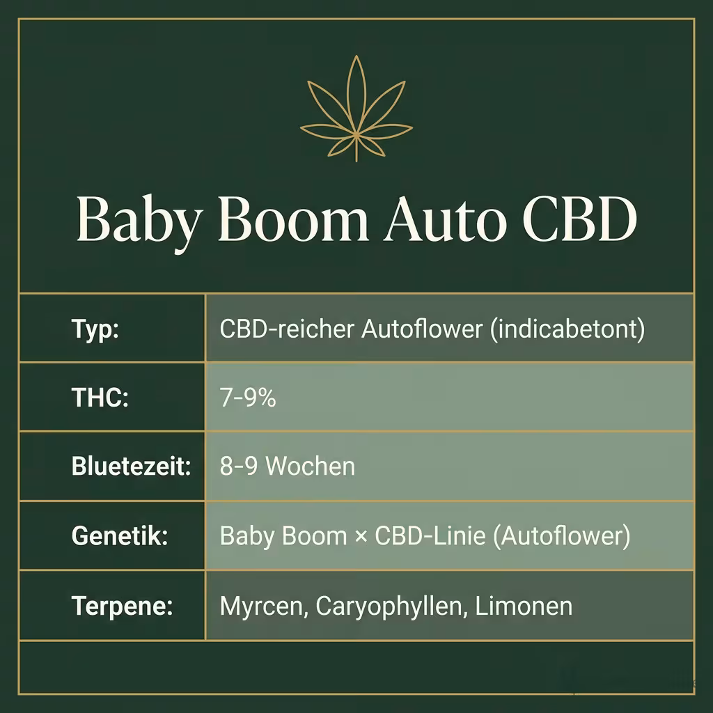 Infografik mit Baby Boom Auto CBD Key Facts: Typ CBD-reicher Autoflower (indicabetont), THC 7-9%, Bluetezeit 8-9 Wochen, Genetik Baby Boom × CBD-Linie (Autoflower) und Terpene Myrcen, Caryophyllen, Limonen