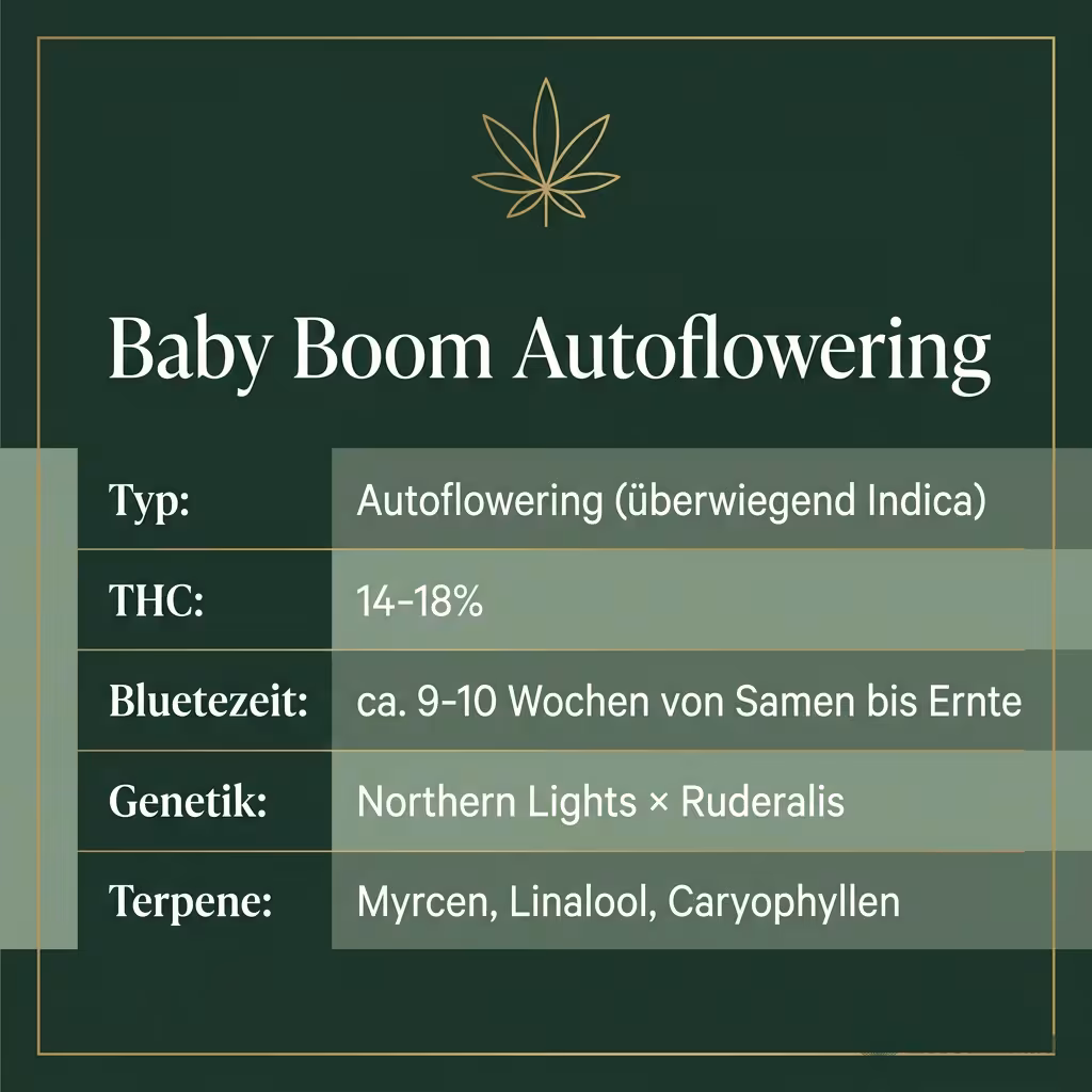 Infografik mit Baby Boom Autoflowering Key Facts: Typ Autoflowering (überwiegend Indica), THC 14-18%, Bluetezeit ca. 9-10 Wochen von Samen bis Ernte, Genetik Northern Lights × Ruderalis und Terpene Myrcen, Linalool, Caryophyllen