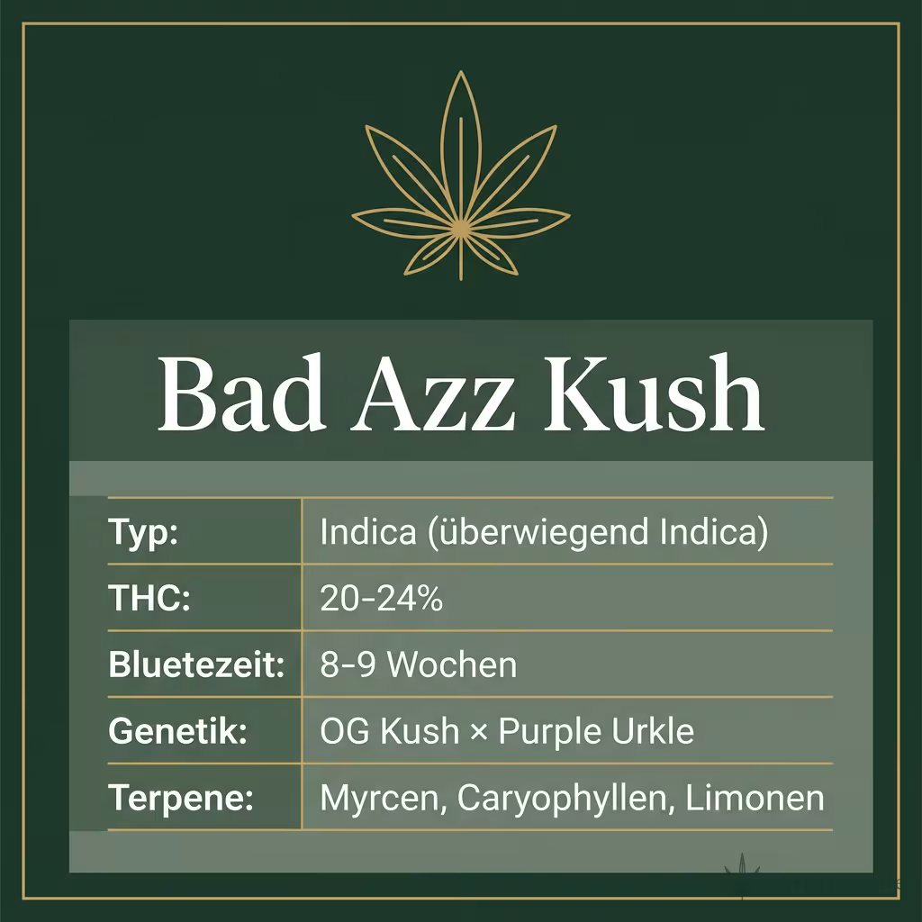 Infografik mit Bad Azz Kush Key Facts: Typ Indica (überwiegend Indica), THC 20-24%, Bluetezeit 8-9 Wochen, Genetik OG Kush × Purple Urkle und Terpene Myrcen, Caryophyllen, Limonen