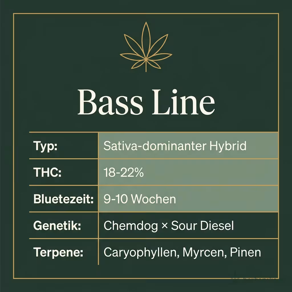 Infografik mit Bass Line Key Facts: Typ Sativa-dominanter Hybrid, THC 18-22%, Bluetezeit 9-10 Wochen, Genetik Chemdog × Sour Diesel und Terpene Caryophyllen, Myrcen, Pinen