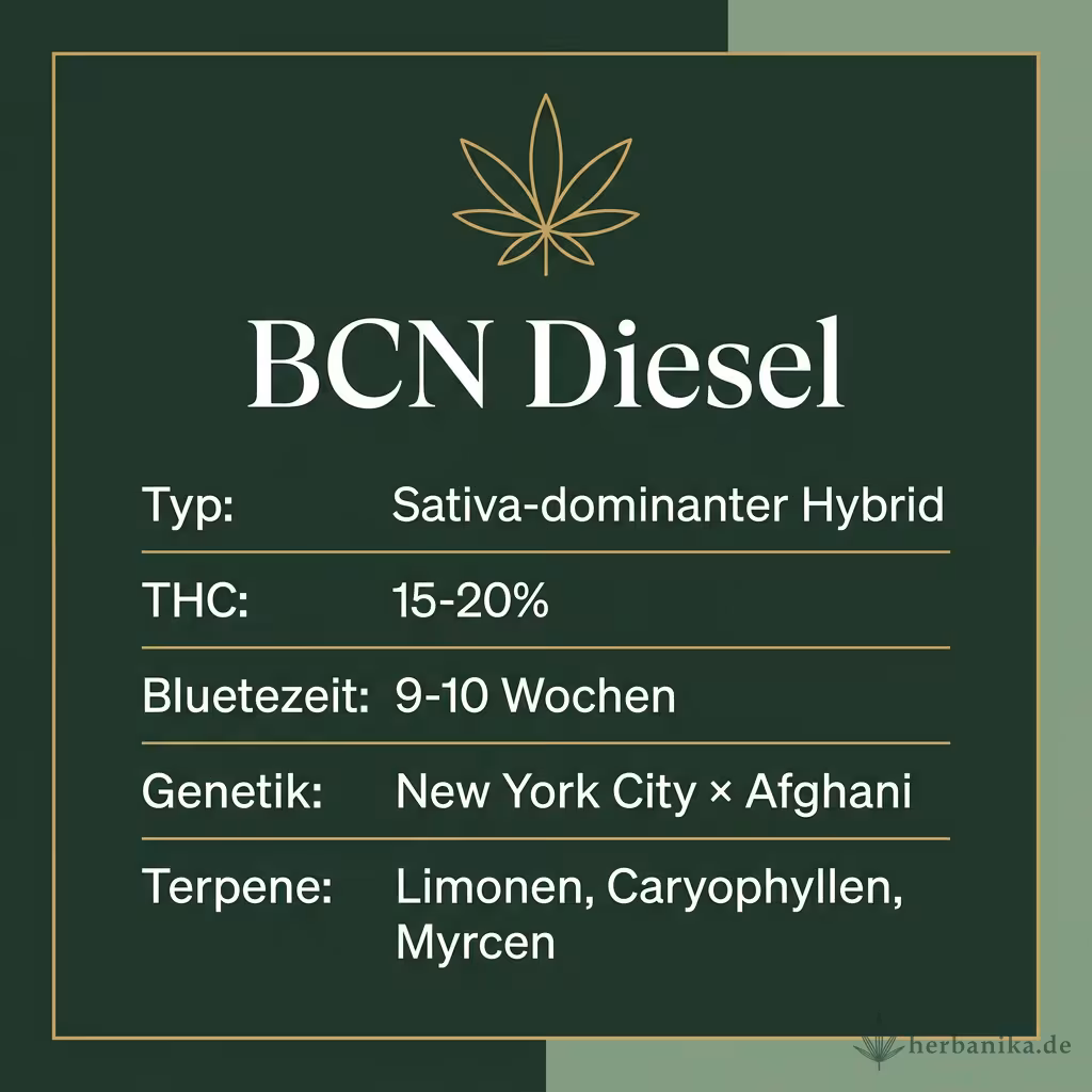 Infografik mit BCN Diesel Key Facts: Typ Sativa-dominanter Hybrid, THC 15-20%, Bluetezeit 9-10 Wochen, Genetik New York City × Afghani und Terpene Limonen, Caryophyllen, Myrcen