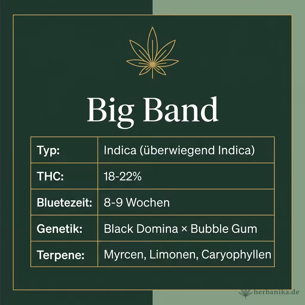 Infografik mit Big Band Key Facts: Typ Indica (überwiegend Indica), THC 18-22%, Bluetezeit 8-9 Wochen, Genetik Black Domina × Bubble Gum und Terpene Myrcen, Limonen, Caryophyllen