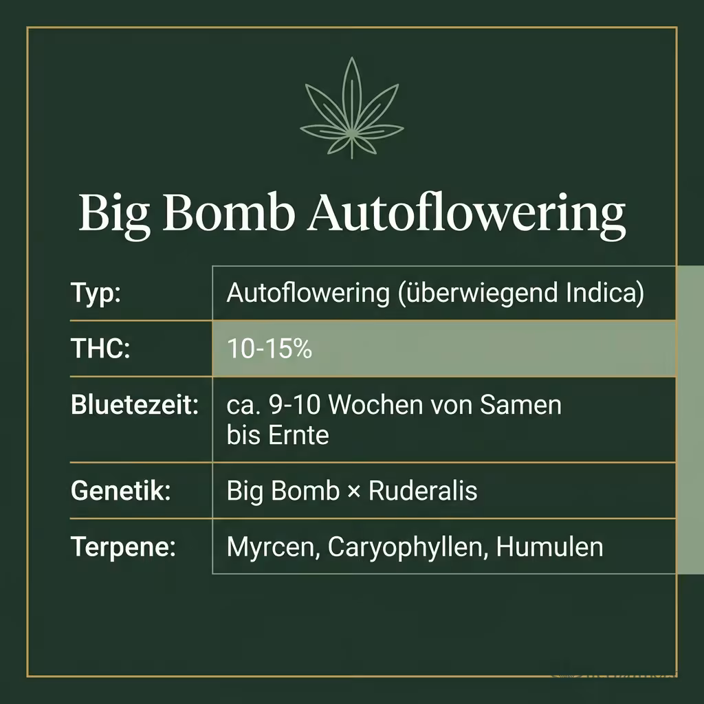 Infografik mit Big Bomb Autoflowering Key Facts: Typ Autoflowering (überwiegend Indica), THC 10-15%, Bluetezeit ca. 9-10 Wochen von Samen bis Ernte, Genetik Big Bomb × Ruderalis und Terpene Myrcen, Caryophyllen, Humulen