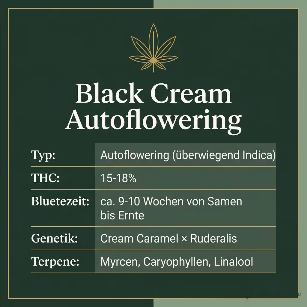Infografik mit Black Cream Autoflowering Key Facts: Typ Autoflowering (überwiegend Indica), THC 15-18%, Bluetezeit ca. 9-10 Wochen von Samen bis Ernte, Genetik Cream Caramel × Ruderalis und Terpene Myrcen, Caryophyllen, Linalool