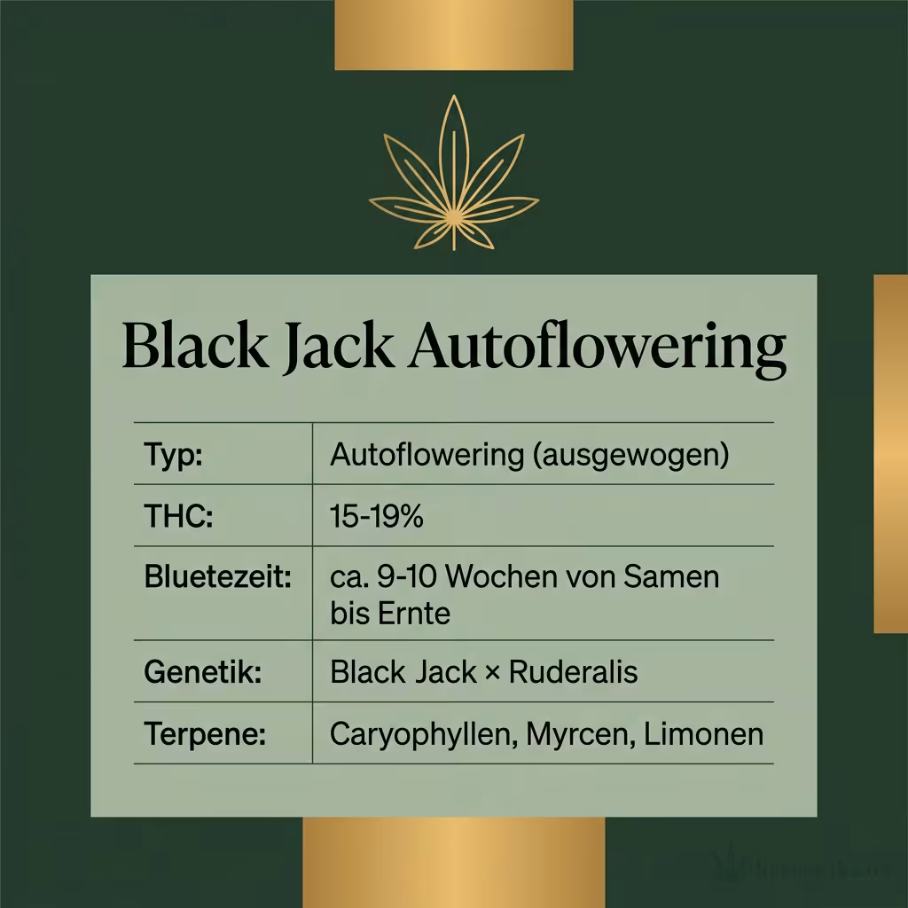 Infografik mit Black Jack Autoflowering Key Facts: Typ Autoflowering (ausgewogen), THC 15-19%, Bluetezeit ca. 9-10 Wochen von Samen bis Ernte, Genetik Black Jack × Ruderalis und Terpene Caryophyllen, Myrcen, Limonen