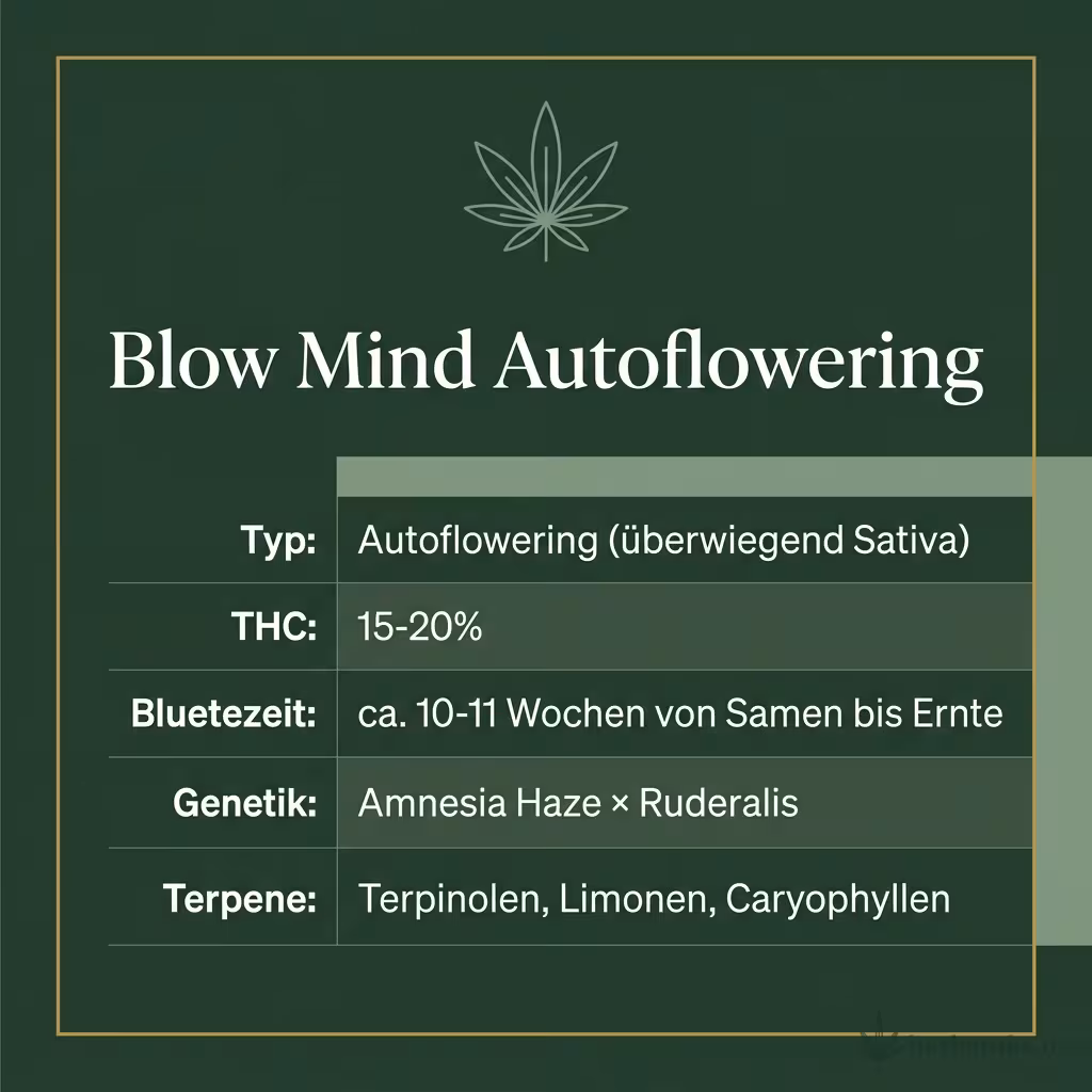Infografik mit Blow Mind Autoflowering Key Facts: Typ Autoflowering (überwiegend Sativa), THC 15-20%, Bluetezeit ca. 10-11 Wochen von Samen bis Ernte, Genetik Amnesia Haze × Ruderalis und Terpene Terpinolen, Limonen, Caryophyllen