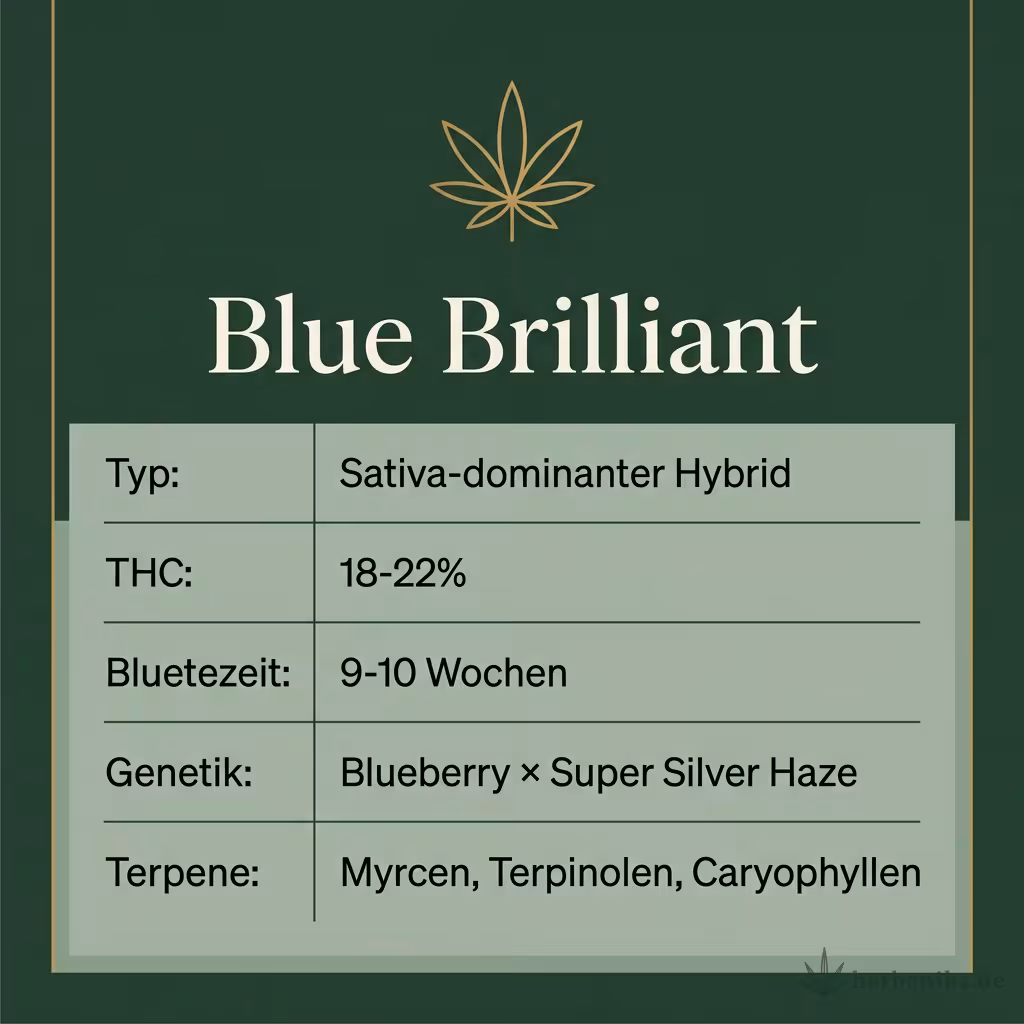 Infografik mit Blue Brilliant Key Facts: Typ Sativa-dominanter Hybrid, THC 18-22%, Bluetezeit 9-10 Wochen, Genetik Blueberry × Super Silver Haze und Terpene Myrcen, Terpinolen, Caryophyllen