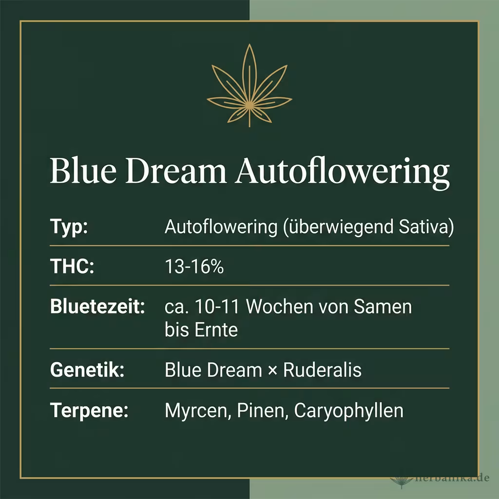 Infografik mit Blue Dream Autoflowering Key Facts: Typ Autoflowering (überwiegend Sativa), THC 13-16%, Bluetezeit ca. 10-11 Wochen von Samen bis Ernte, Genetik Blue Dream × Ruderalis und Terpene Myrcen, Pinen, Caryophyllen