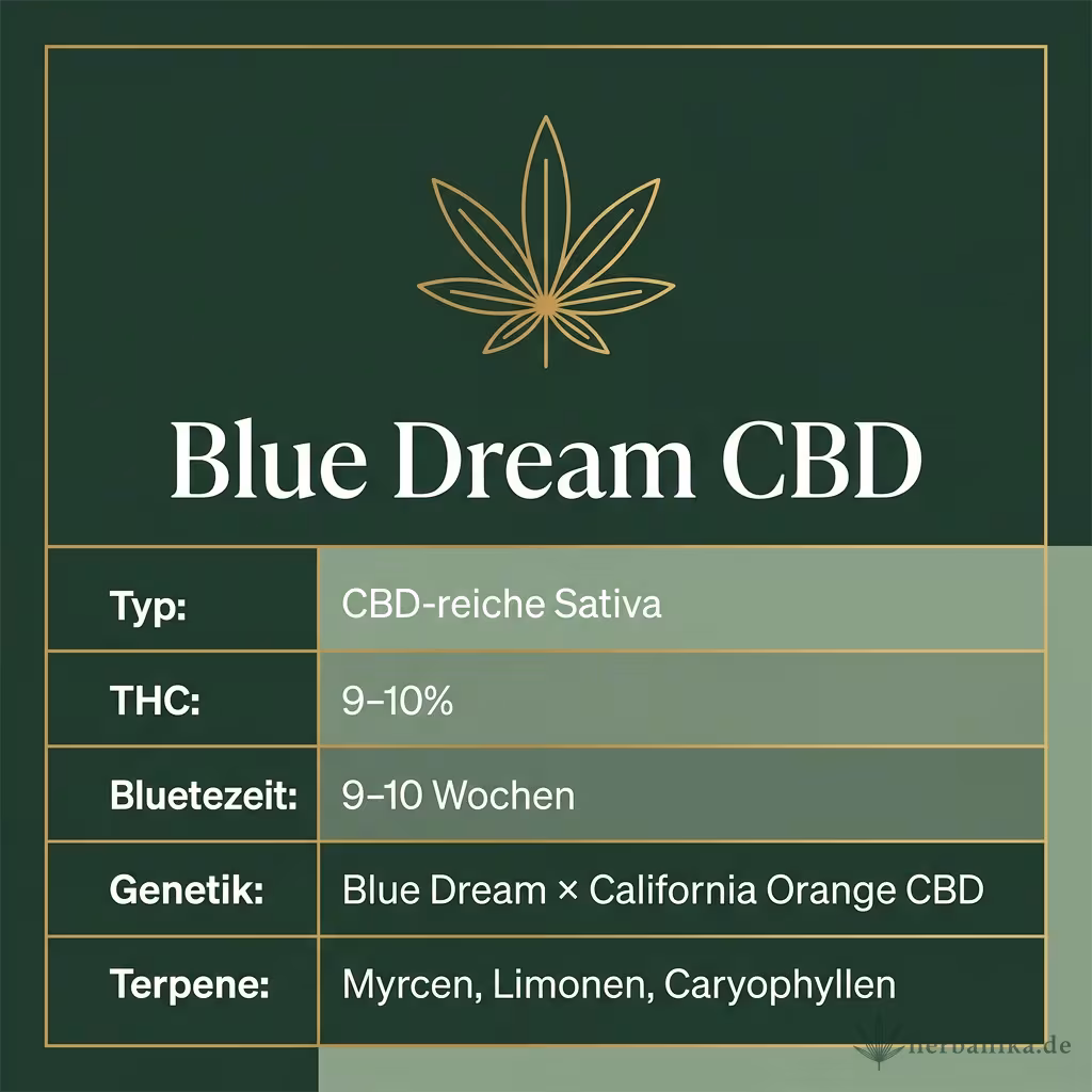 Infografik mit Blue Dream CBD Key Facts: Typ CBD-reiche Sativa, THC 9-10%, Bluetezeit 9-10 Wochen, Genetik Blue Dream × California Orange CBD und Terpene Myrcen, Limonen, Caryophyllen