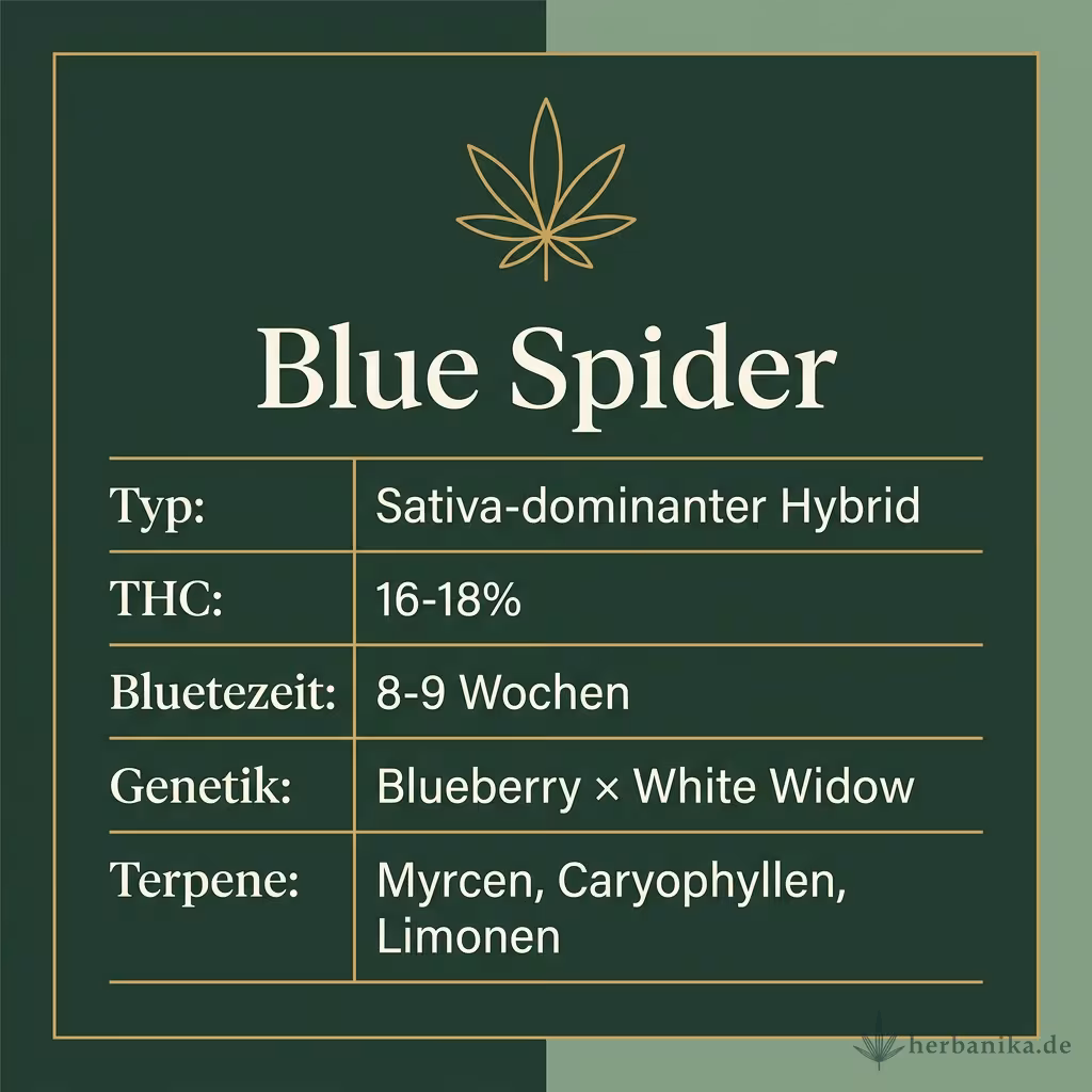 Infografik mit Blue Spider Key Facts: Typ Sativa-dominanter Hybrid, THC 16-18%, Bluetezeit 8-9 Wochen, Genetik Blueberry × White Widow und Terpene Myrcen, Caryophyllen, Limonen